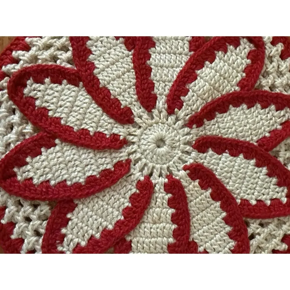 Vintage Red & White Crochet Potholders Coasters Floral Handmade Set of 4